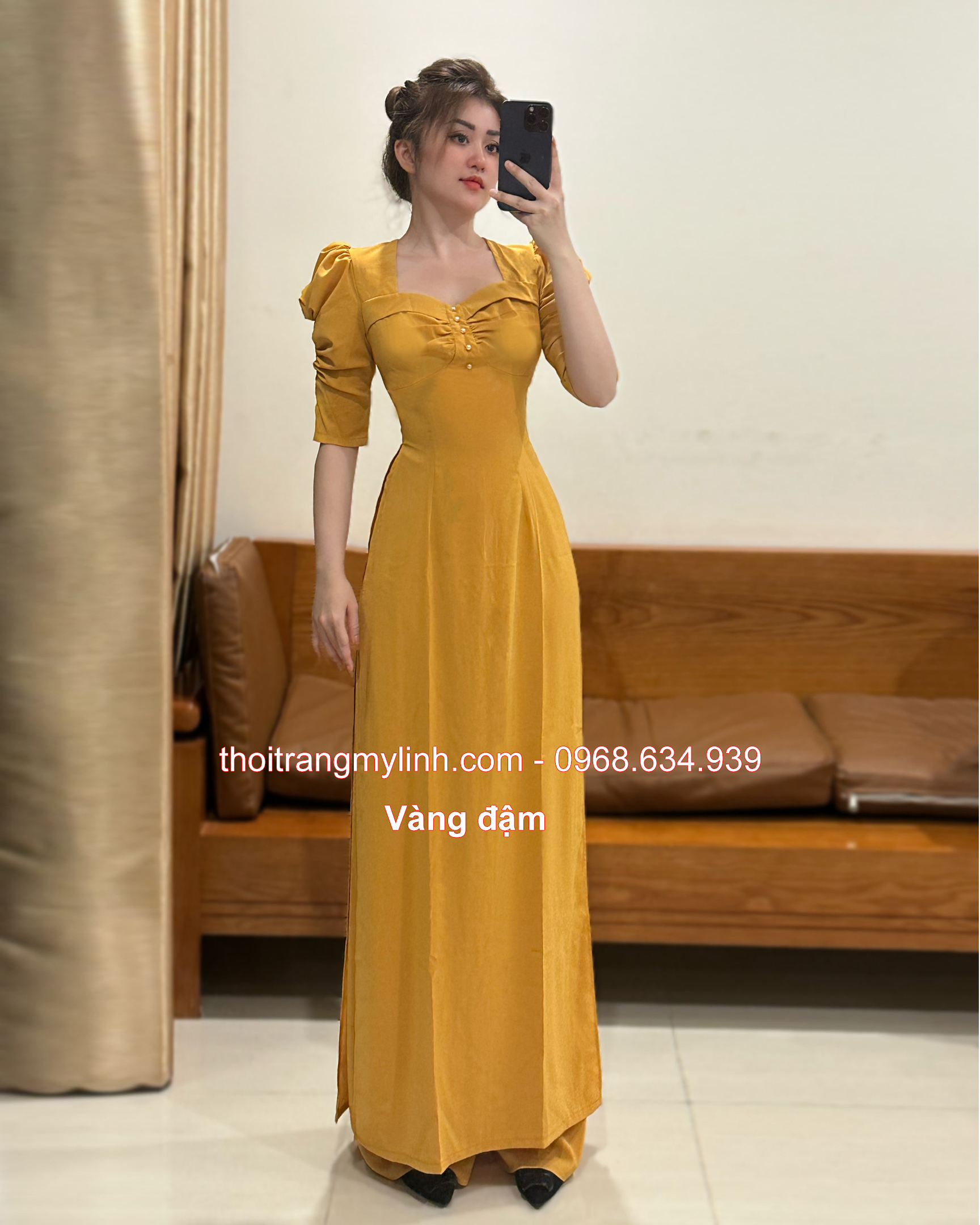 ÁO DÀI ĐÍNH NGỌC TRAI TAY PHỒNG, LỠ MÀU VÀNG ĐẬM